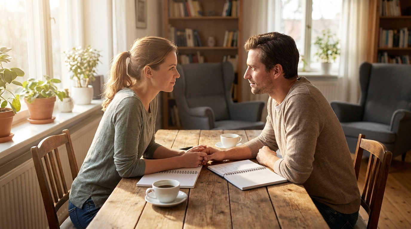 A couple sitting at a wooden table facing each other during an effective listening activity session.