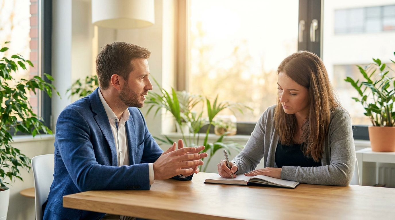 A professional man explaining concepts to a woman taking notes during an effective listening activity.