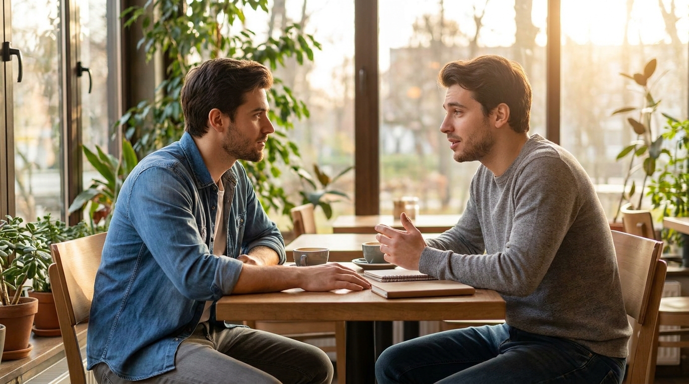 A digital illustration of two young men facing each other, depicting emotional connection and empathetic listening.